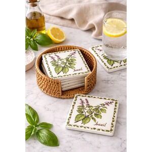 Jeffrey Court Basil Botanical Ceramic Coasters Set of 4 White Green 4x4 Cottage